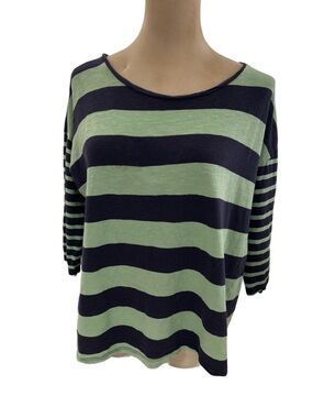 2/$12 Gap Women's Mint Green and Navy Striped Relaxed 3/4 Sleeve Cotton Tee LG